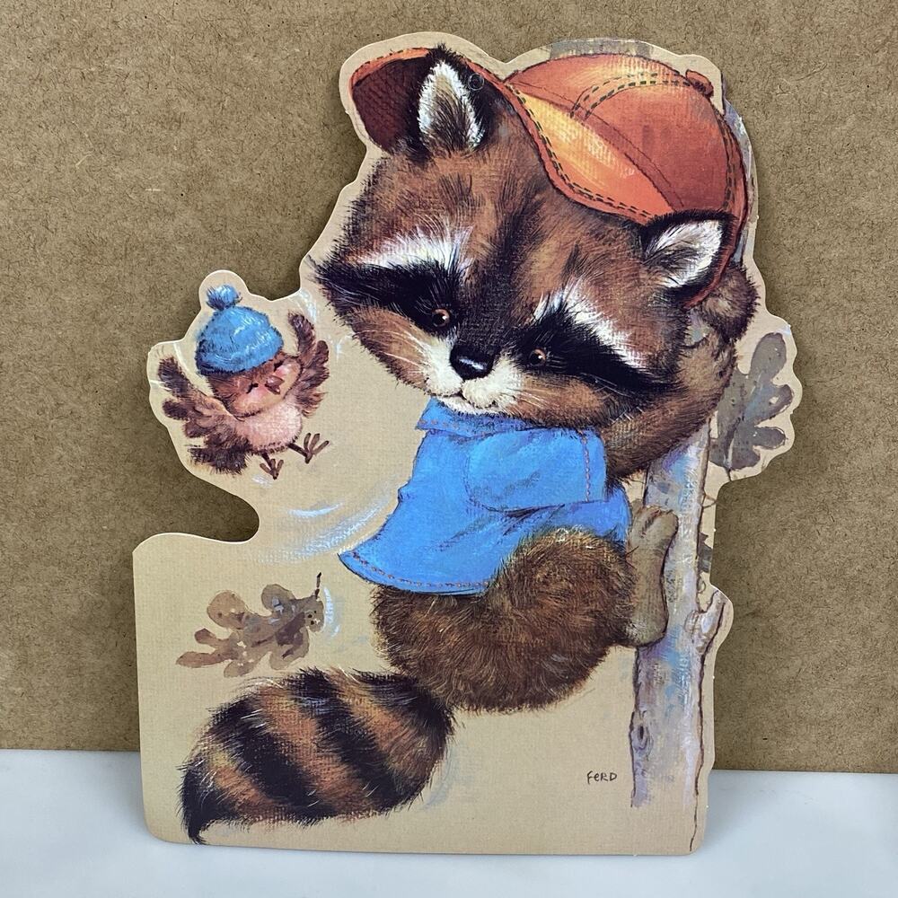Vintage Happy Birthday Card Large 8” X 11” Raccoon & Bird Olympicard USA